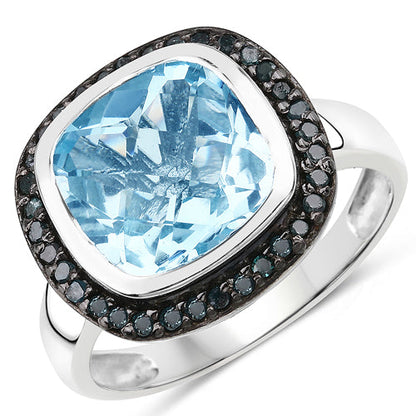 5.23 Carat Genuine Swiss Blue Topaz and Black Diamond .925 Sterling Silver Ring Bids.com