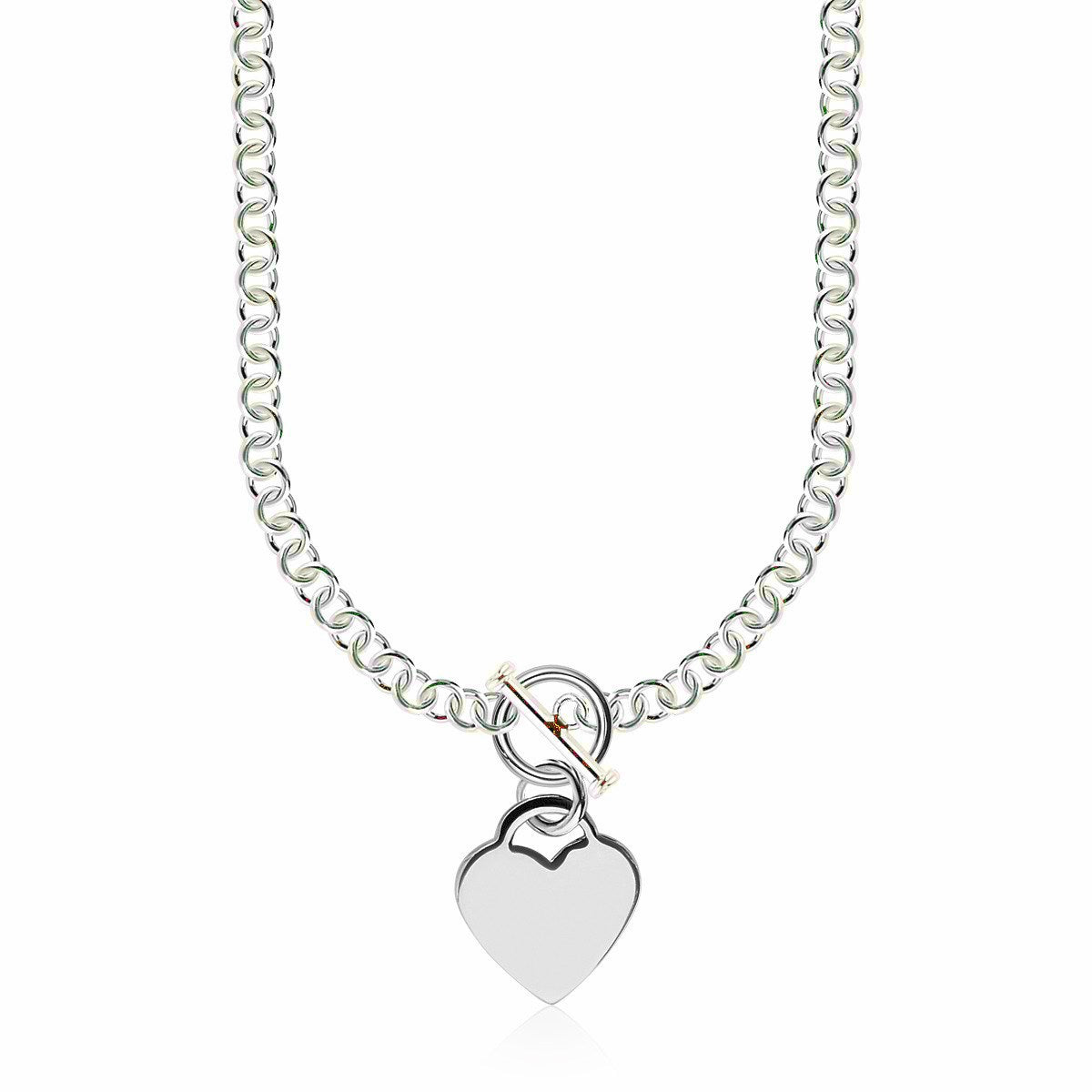 Sterling Silver Rhodium Plated Rolo Chain Necklace with a Heart Toggle Charm Bids.com
