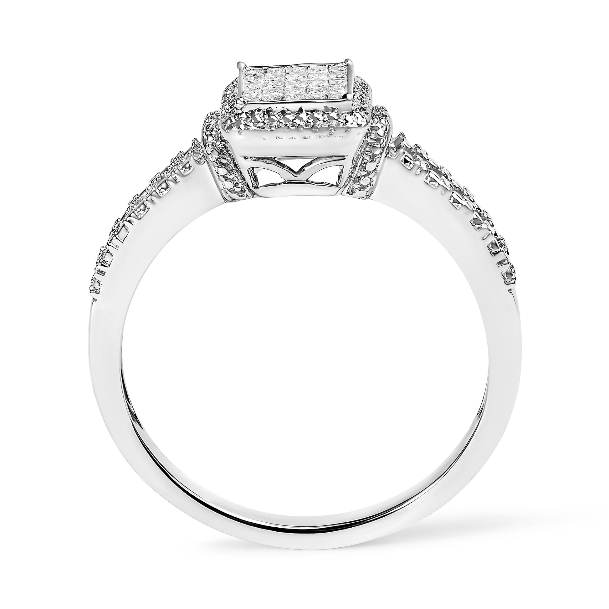 .925 Sterling Silver 1/4 Cttw Princess-cut Diamond Composite Ring with Beaded Halo (H-I Color, SI1-SI2 Clarity) - Size 7 Bids.com