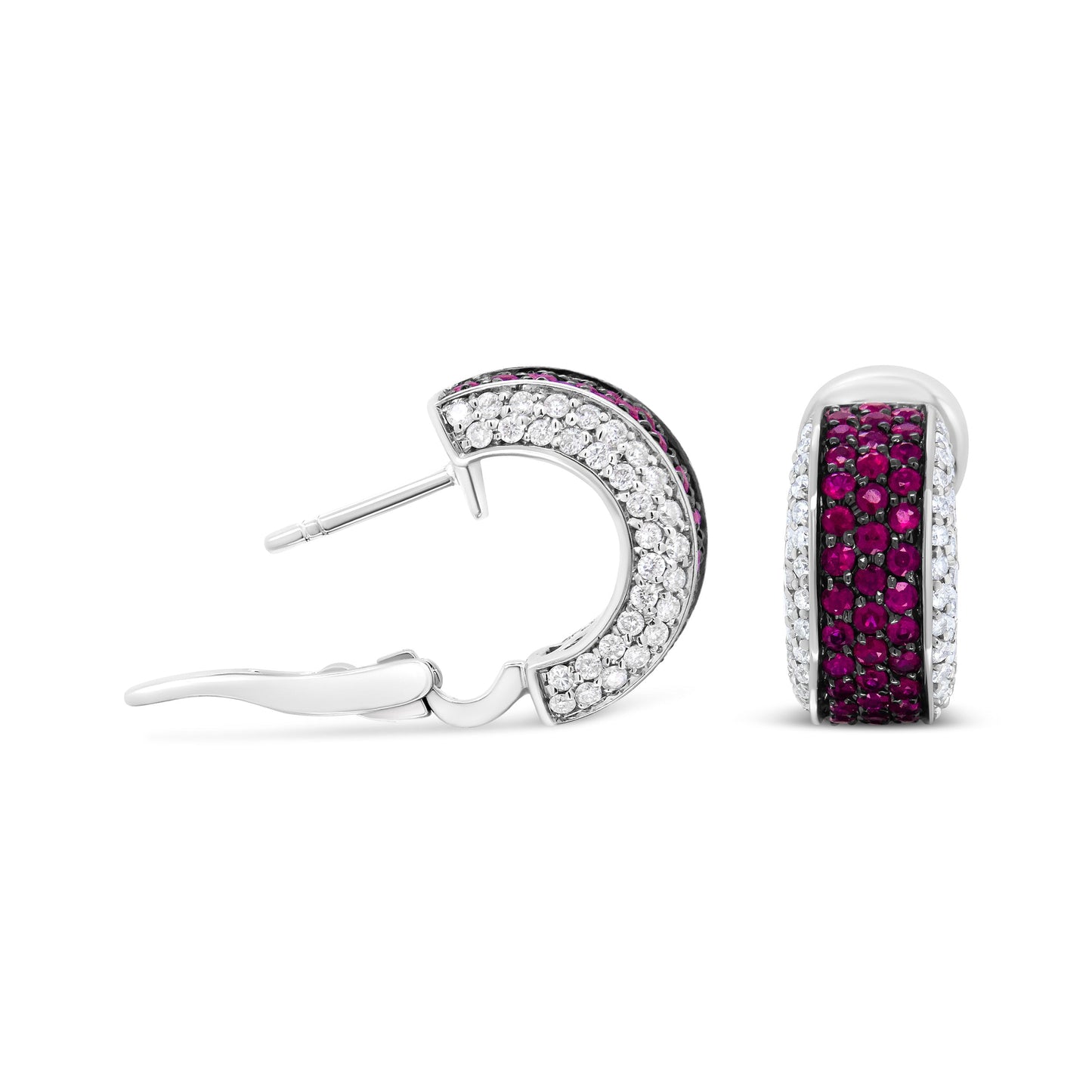 18K White Gold and Black Rhodium Plated 3/4 Cttw Round Diamonds and 1mm Round Red Ruby Huggie Hoop Earrings (F-G Color, VS1-VS2 Clarity) Bids.com