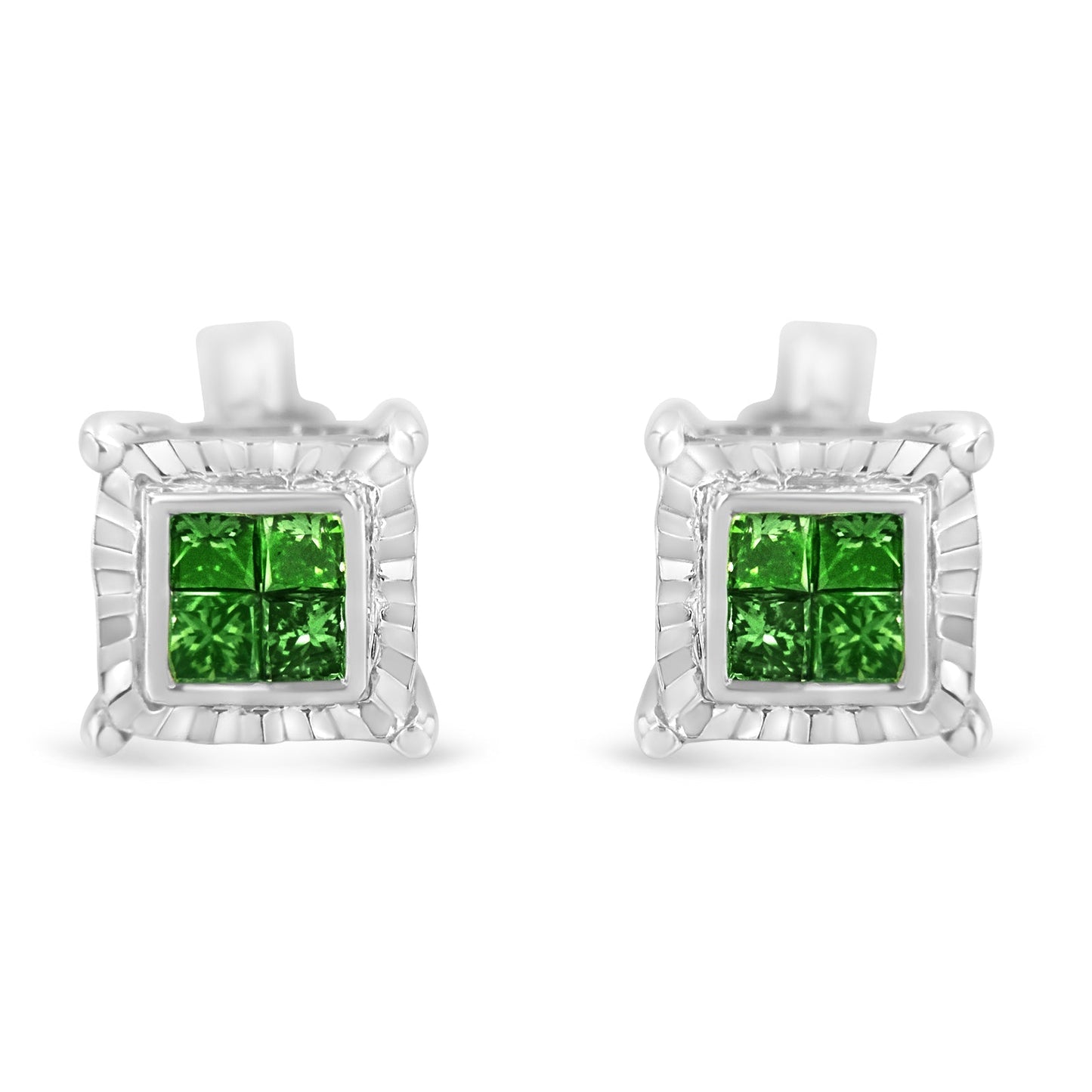 Sterling Silver Color Treated Princess Diamond Quad Stud Earring (1/2 cttw, Green Color, I1-I2 Clarity) Bids.com