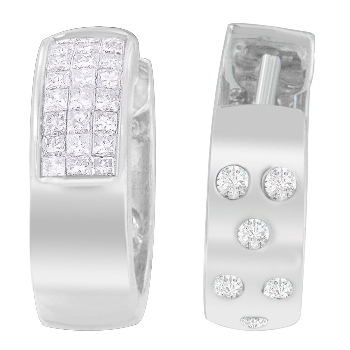 14K White Gold 1 1/8 cttw Princess and Round Cut Diamond Huggie Earrings (H-I, VS1-VS2) Bids.com