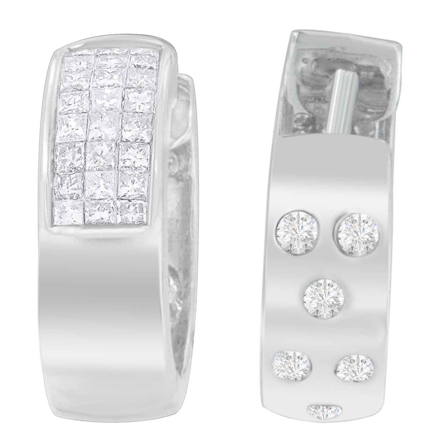14K White Gold 1 1/8 cttw Princess and Round Cut Diamond Huggie Earrings (H-I, VS1-VS2) Bids.com