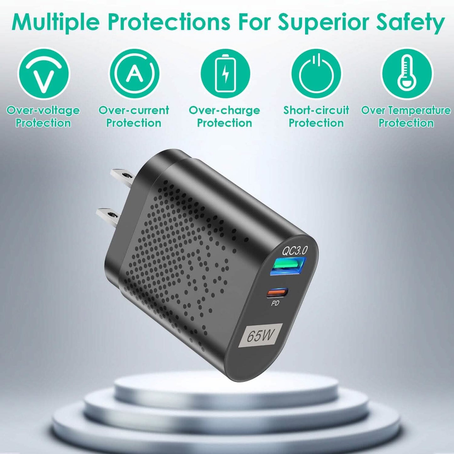 65W Type C Fast Wall Charger PD QC3.0 Adapter DailySale