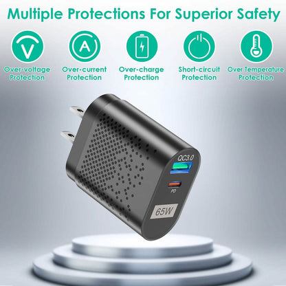 65W Type C Fast Wall Charger PD QC3.0 Adapter DailySale