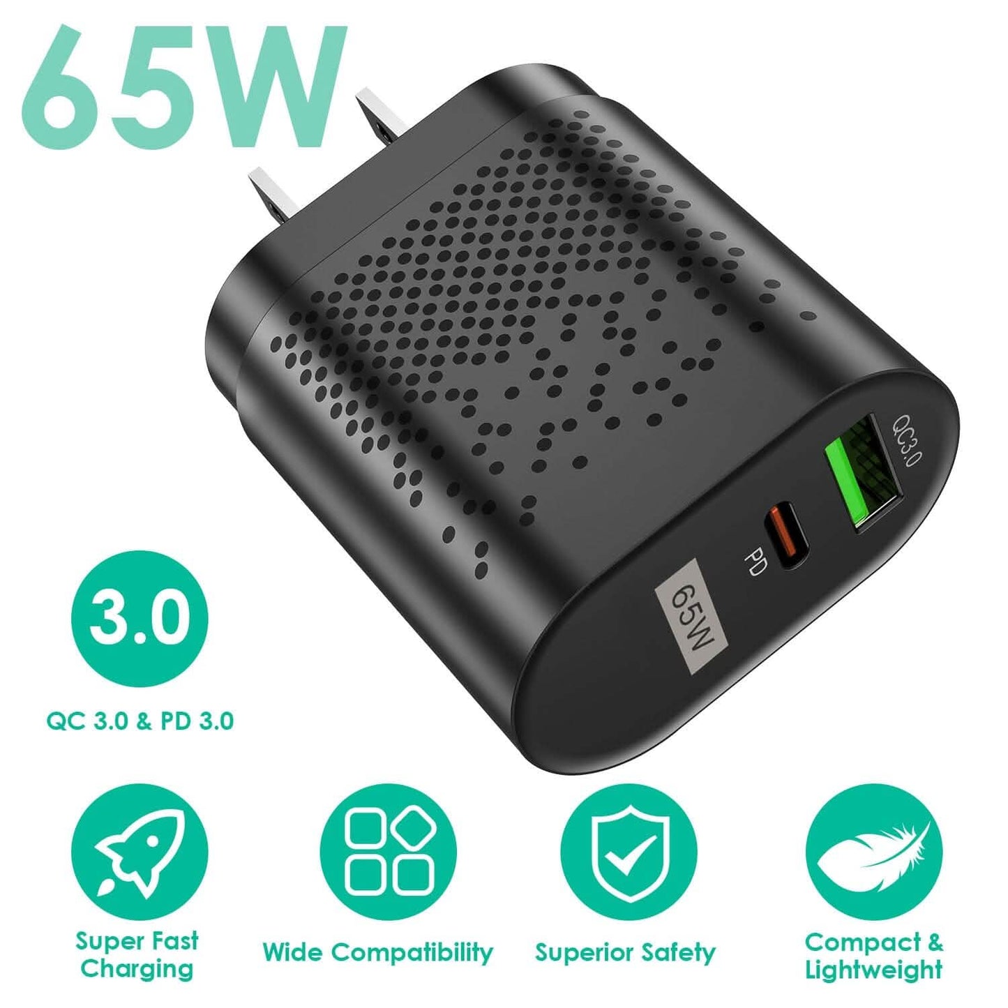 65W Type C Fast Wall Charger PD QC3.0 Adapter DailySale