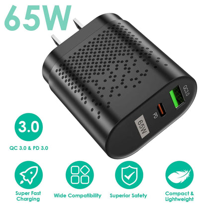 65W Type C Fast Wall Charger PD QC3.0 Adapter DailySale