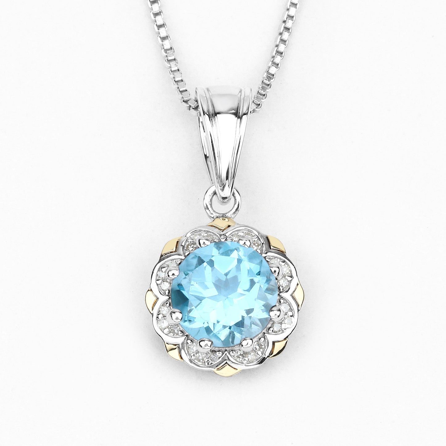 2.32 Carat Genuine Swiss Blue Topaz and White Diamond 14K Yellow Gold with .925 Sterling Silver Pendant Bids.com