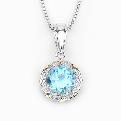 2.32 Carat Genuine Swiss Blue Topaz and White Diamond 14K Yellow Gold with .925 Sterling Silver Pendant Bids.com