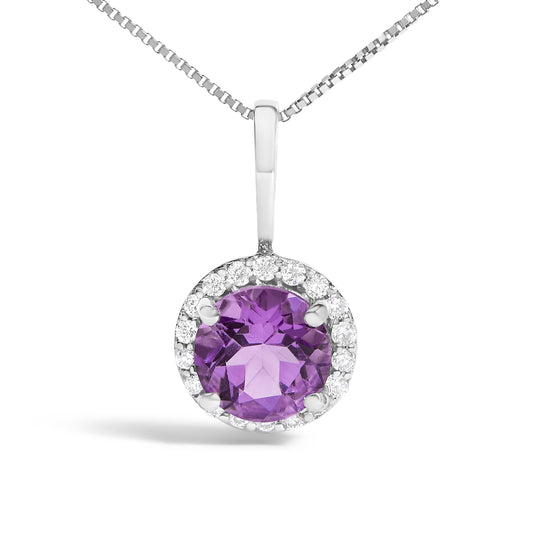 10K White Gold Purple Amethyst and 1/10 Cttw Diamond Accent Halo Pendant Necklace Bids.com