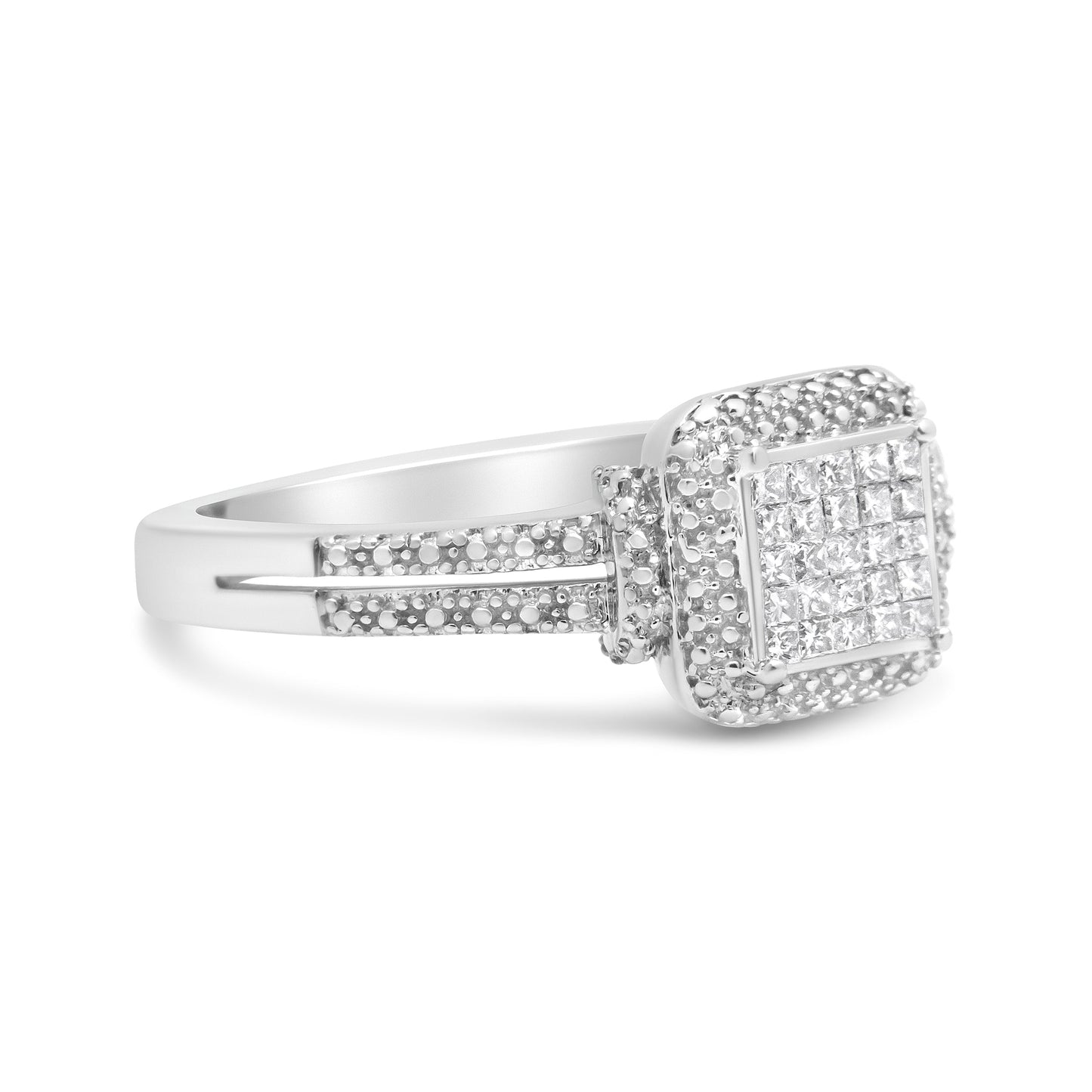 .925 Sterling Silver 1/4 Cttw Princess-cut Diamond Composite Ring with Beaded Halo (H-I Color, SI1-SI2 Clarity) - Size 7 Bids.com