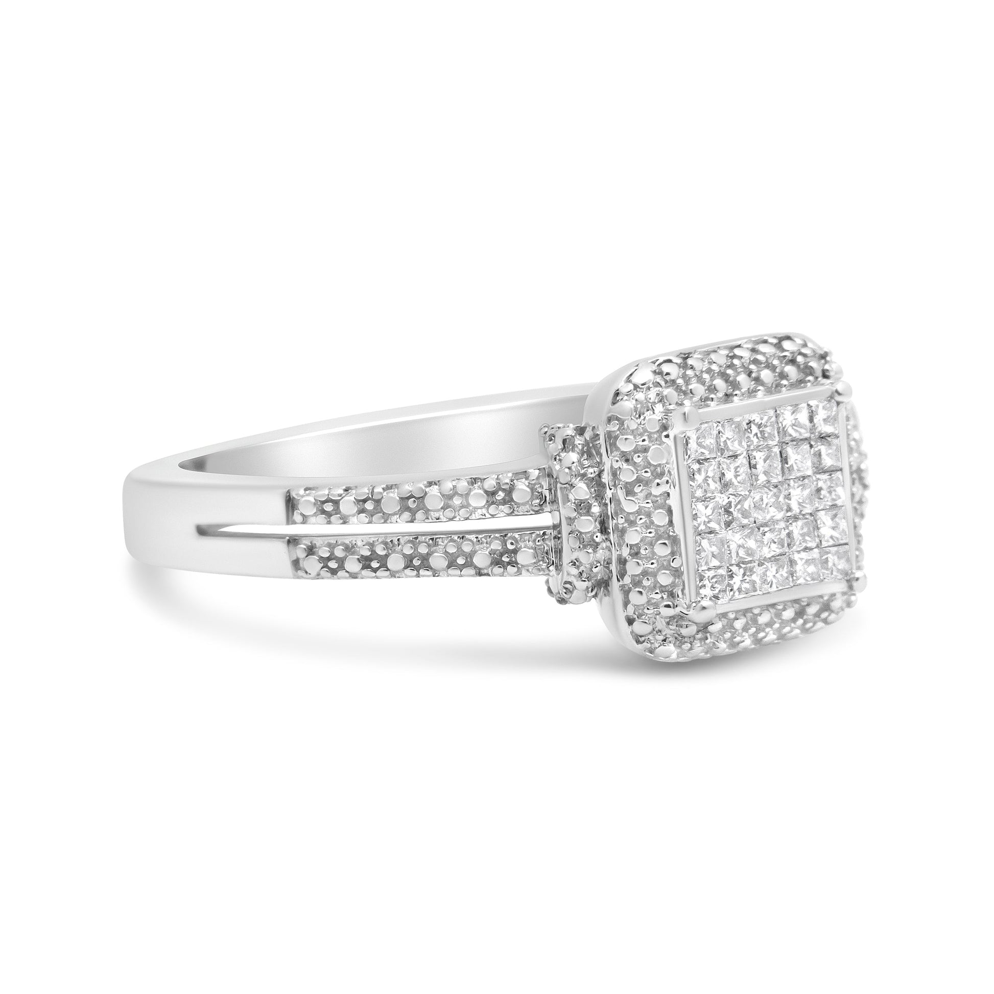 .925 Sterling Silver 1/4 Cttw Princess-cut Diamond Composite Ring with Beaded Halo (H-I Color, SI1-SI2 Clarity) - Size 7 Bids.com