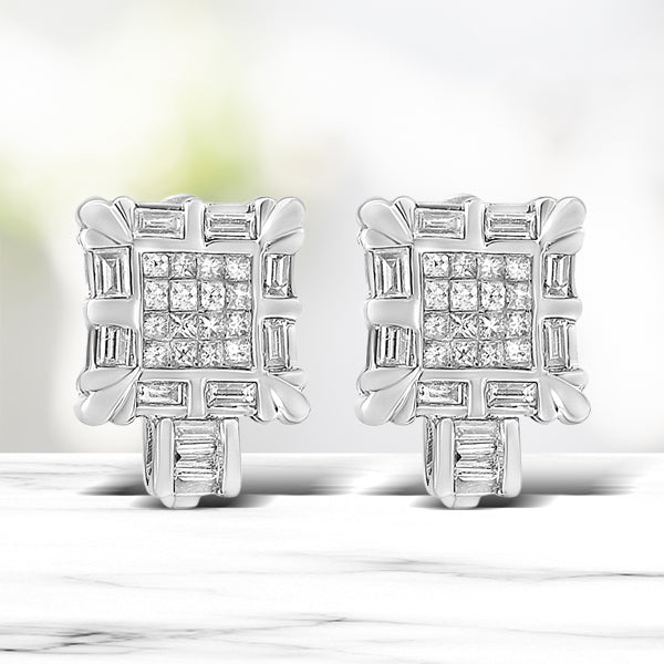 14K White Gold 1.0 Cttw Princess and Baguette-Cut Diamond Square Framed Huggie Hoop Omega Earrings (H-I Color, SI1-SI2 Clarity) Bids.com