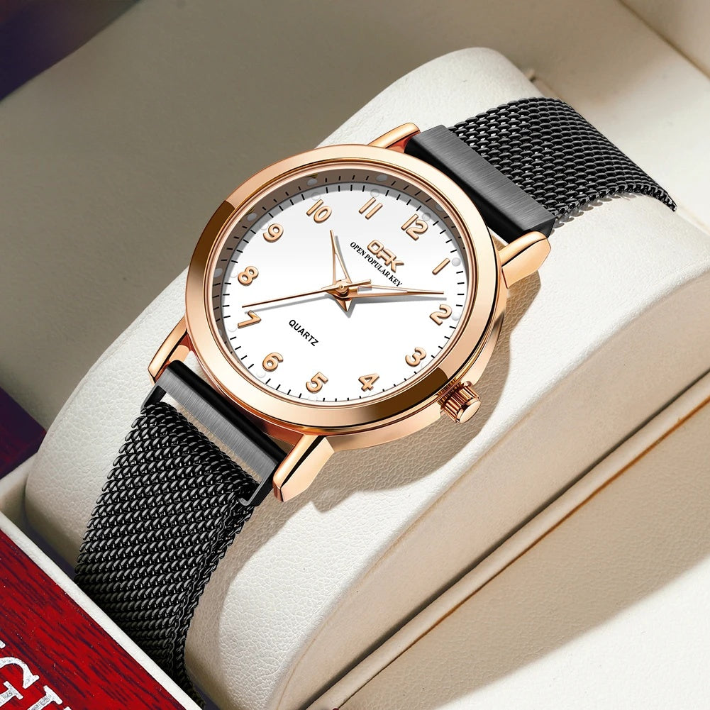 Women's Rose Gold Mesh Quartz Watch Slim Luminous Waterproof BandsCo Straps