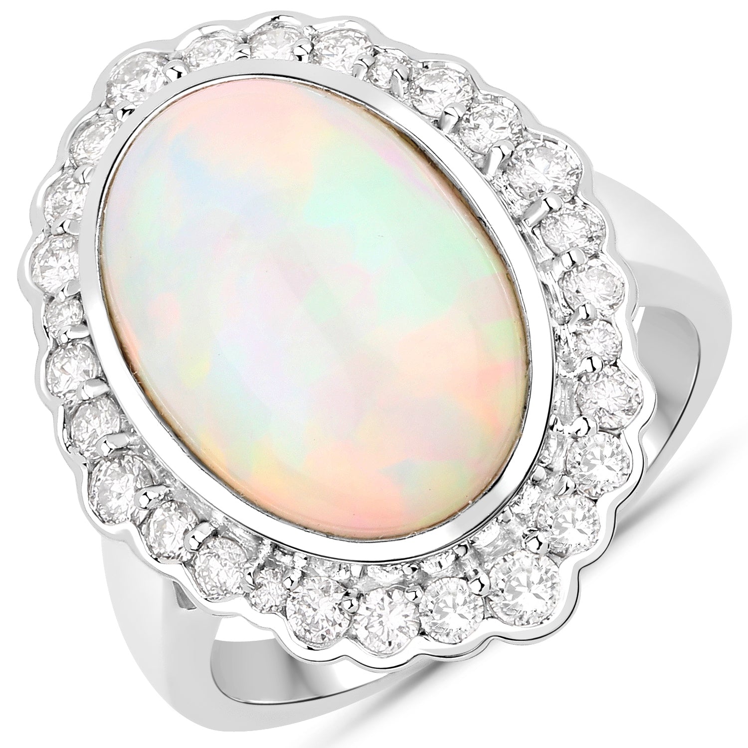 6.38 Carat Genuine Ethiopian Opal and White Diamond 14K White Gold Ring Bids.com