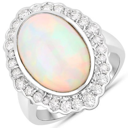 6.38 Carat Genuine Ethiopian Opal and White Diamond 14K White Gold Ring Bids.com