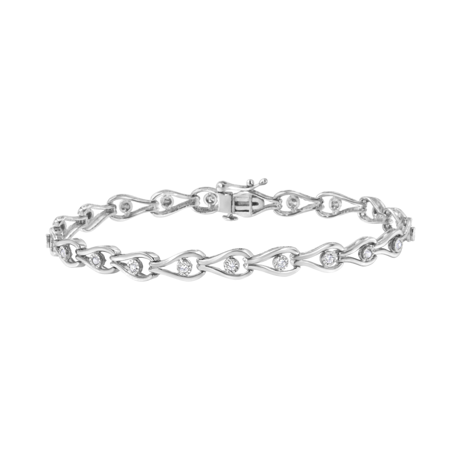 .925 Sterling Silver 1/10 Cttw Miracle-Set Diamond Pear Shape and Bezel Link Bracelet (I-J Color, I3 Clarity) - 7.25" Bids.com