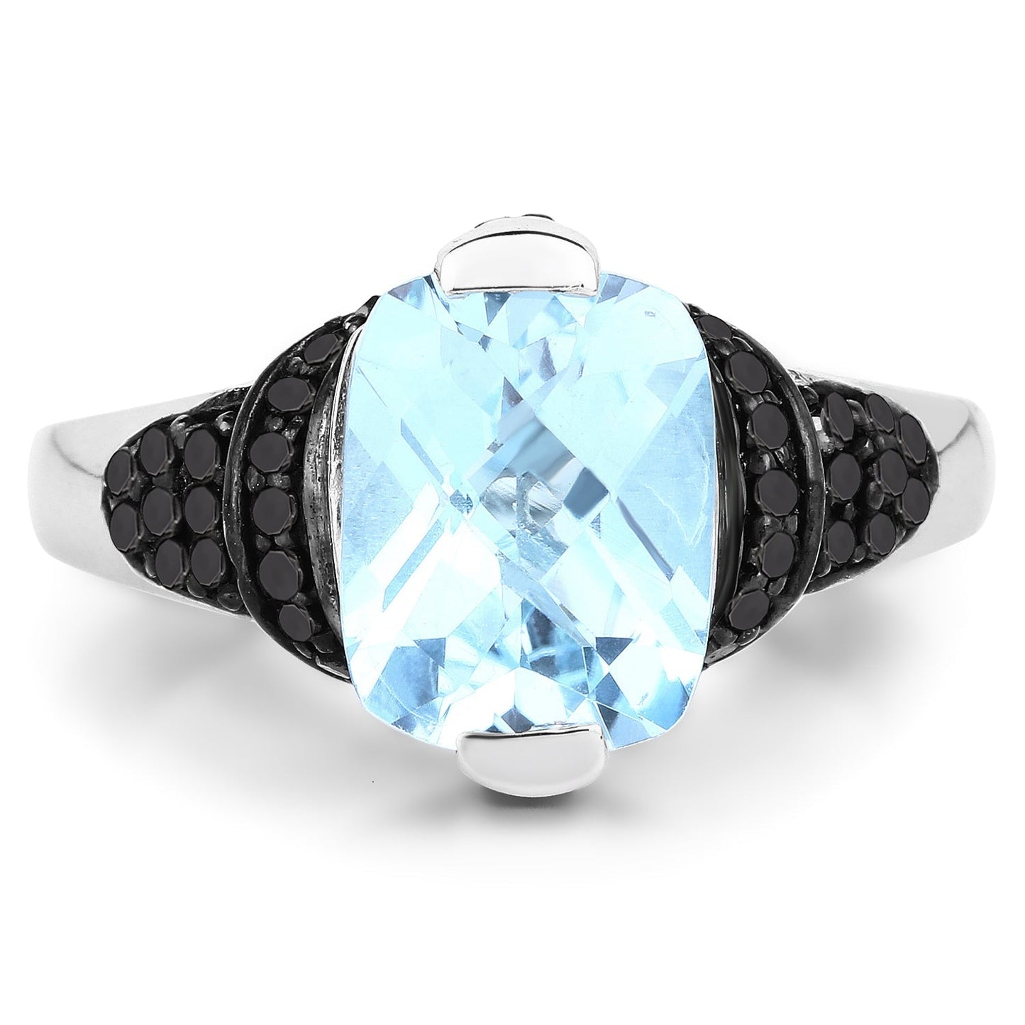 3.81 Carat Genuine Baby Swiss Blue Topaz, Black Diamond and White Diamond .925 Sterling Silver Ring Bids.com