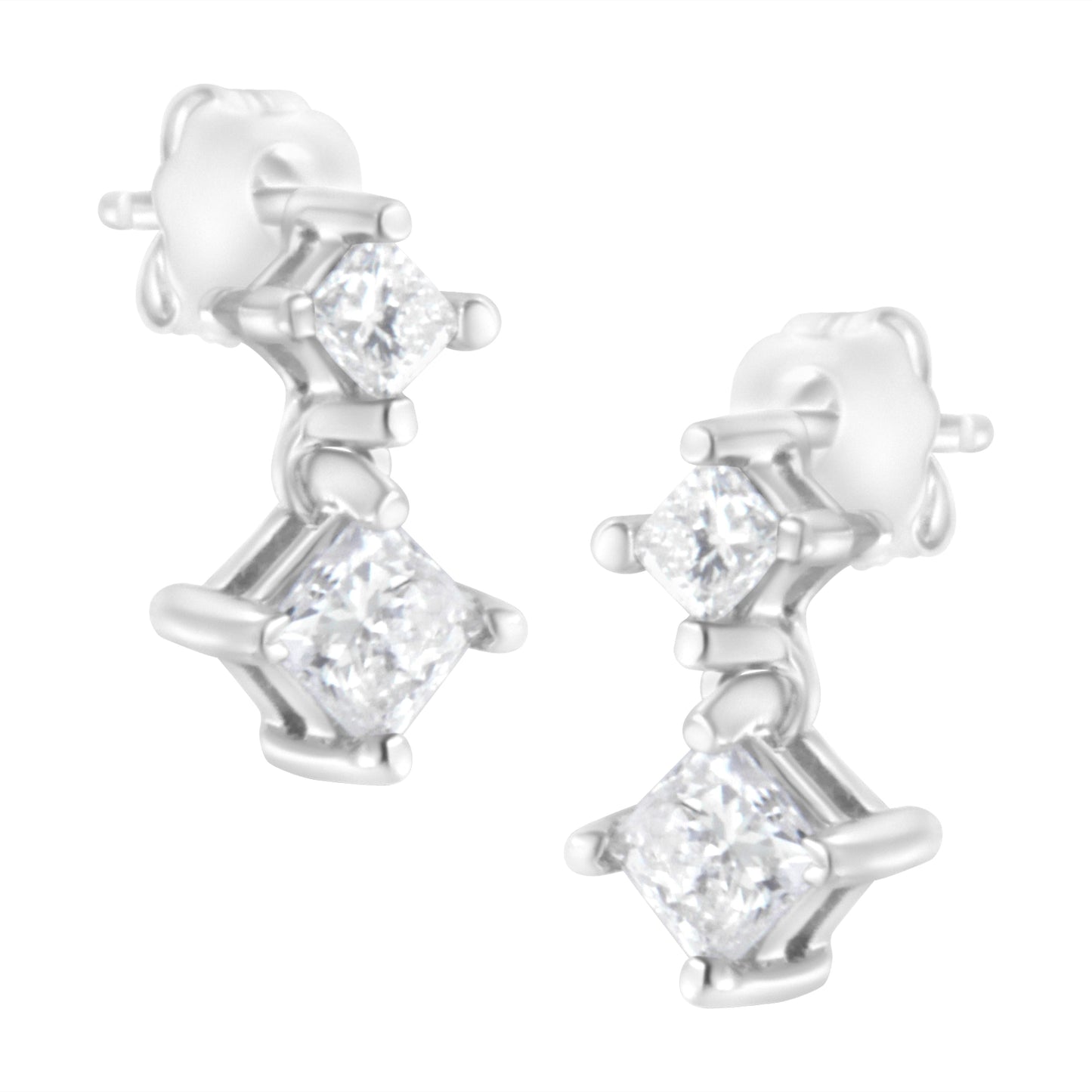 14K White Gold 3/4 cttw Double Diamond Princess-Cut Stud Earrings (I-J Clarity, I2-I3 Color) Bids.com