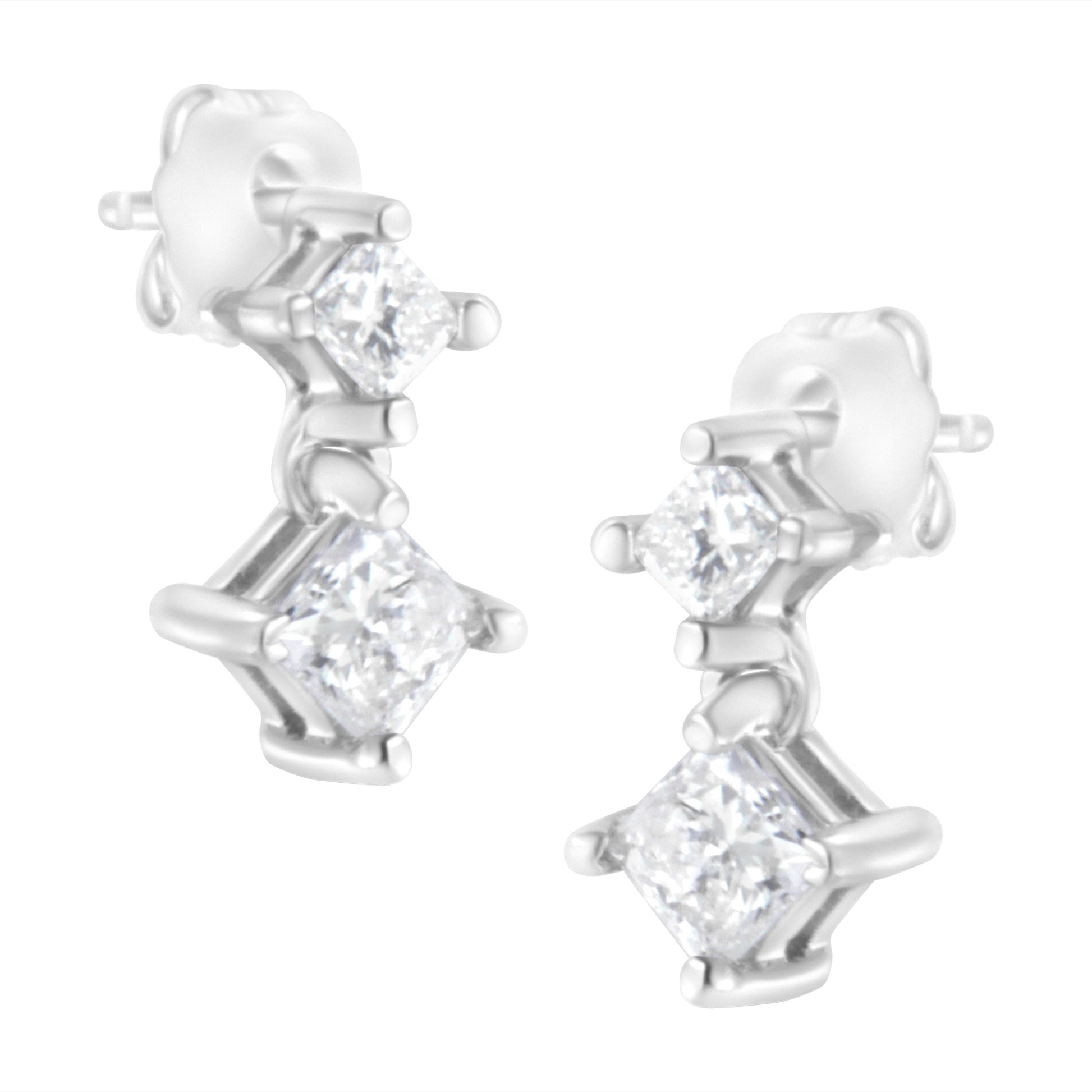 14K White Gold 3/4 cttw Double Diamond Princess-Cut Stud Earrings (I-J Clarity, I2-I3 Color) Bids.com