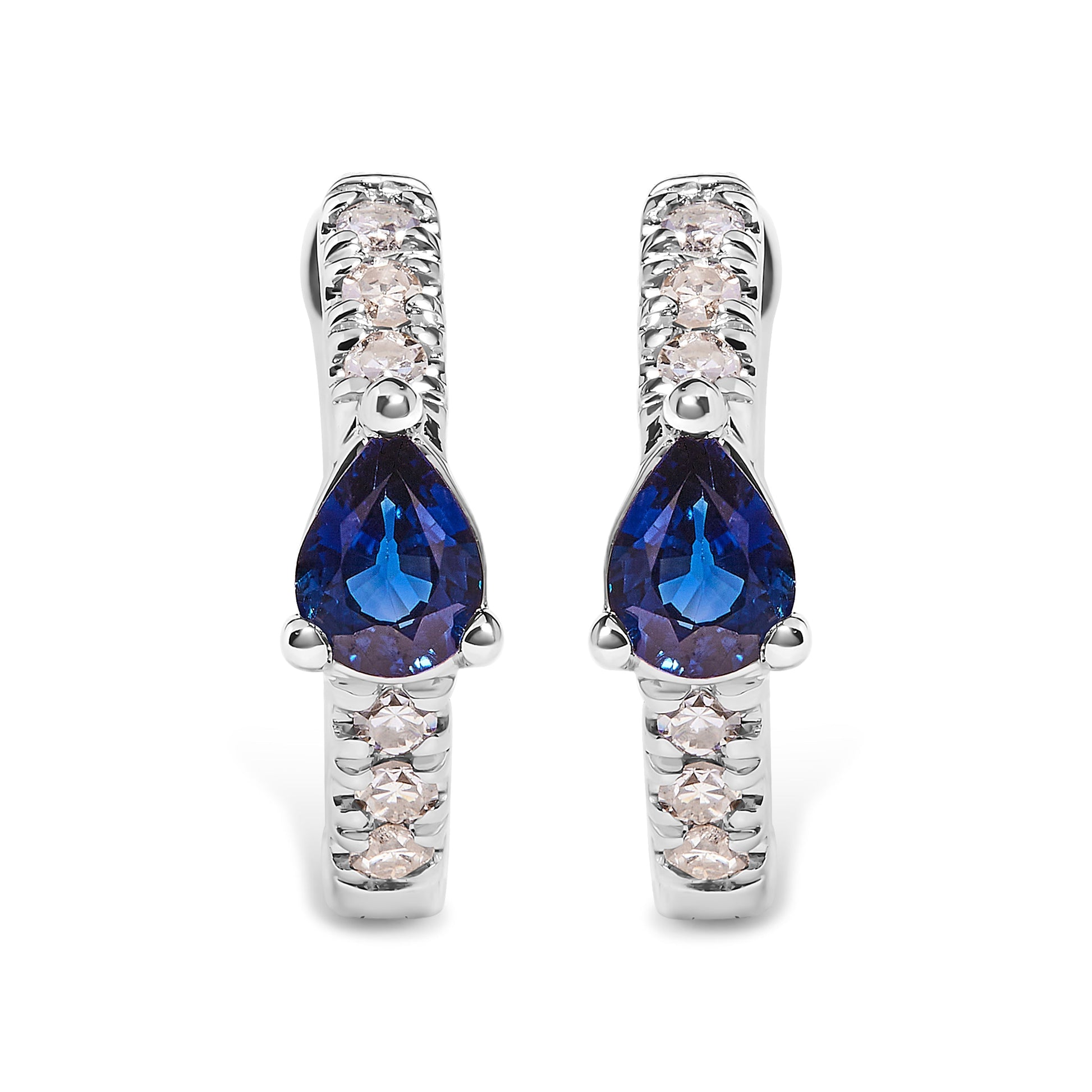 10K White Gold Pear Shaped Blue Sapphire and 1/10 Cttw Diamond Huggy Hoop Earrings (H-I Color, I1-I2 Clarity) Bids.com