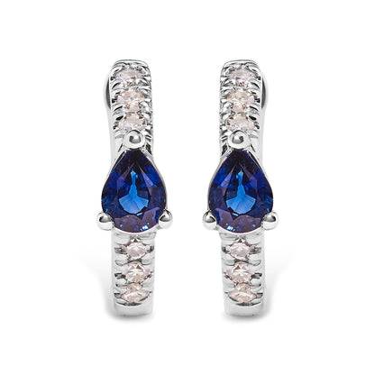 10K White Gold Pear Shaped Blue Sapphire and 1/10 Cttw Diamond Huggy Hoop Earrings (H-I Color, I1-I2 Clarity) Bids.com