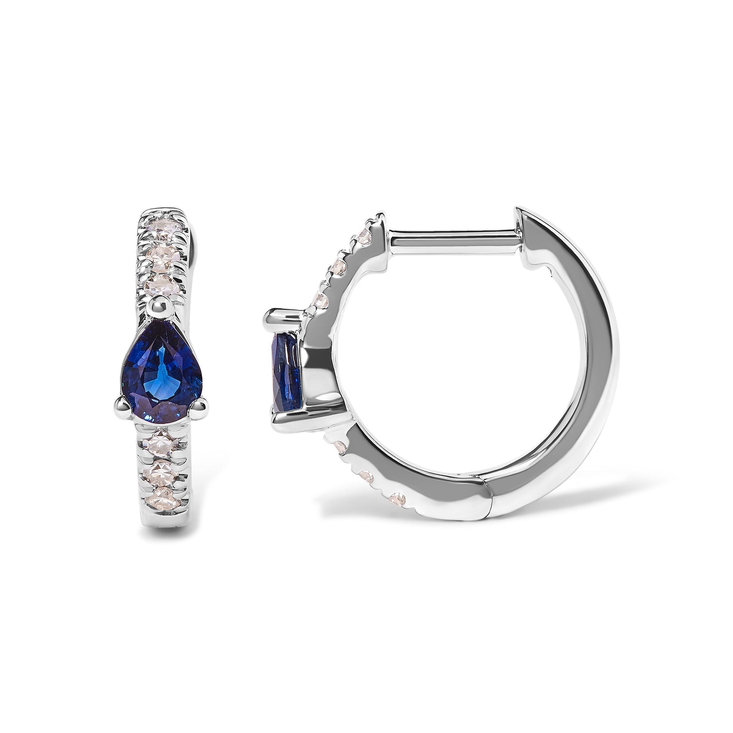 10K White Gold Pear Shaped Blue Sapphire and 1/10 Cttw Diamond Huggy Hoop Earrings (H-I Color, I1-I2 Clarity) Bids.com