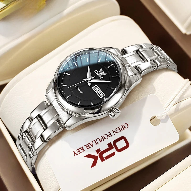 Women's Stainless Steel Watch Black Dial Dual Calendar BandsCo Straps