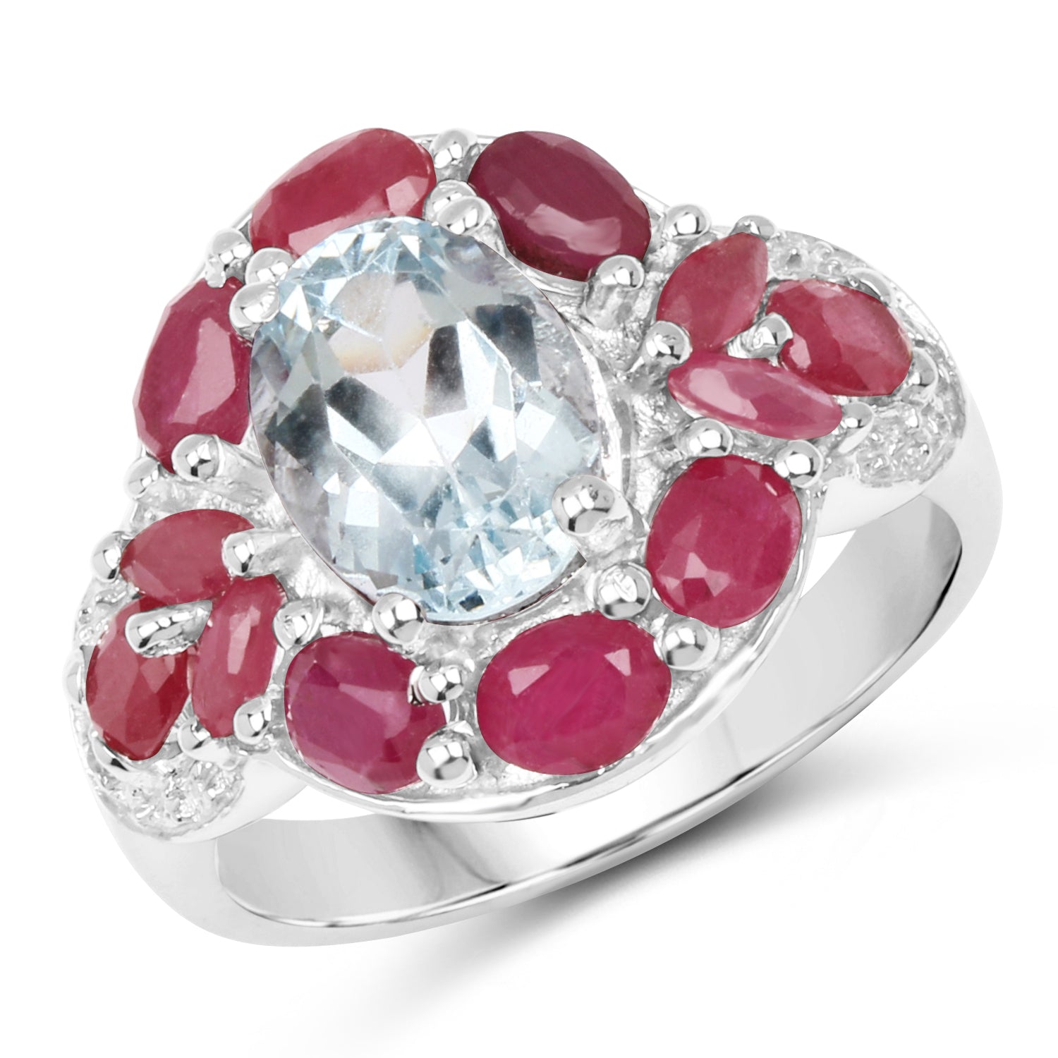 3.54 Carat Genuine Aquamarine, Ruby and White Topaz .925 Sterling Silver Ring Bids.com