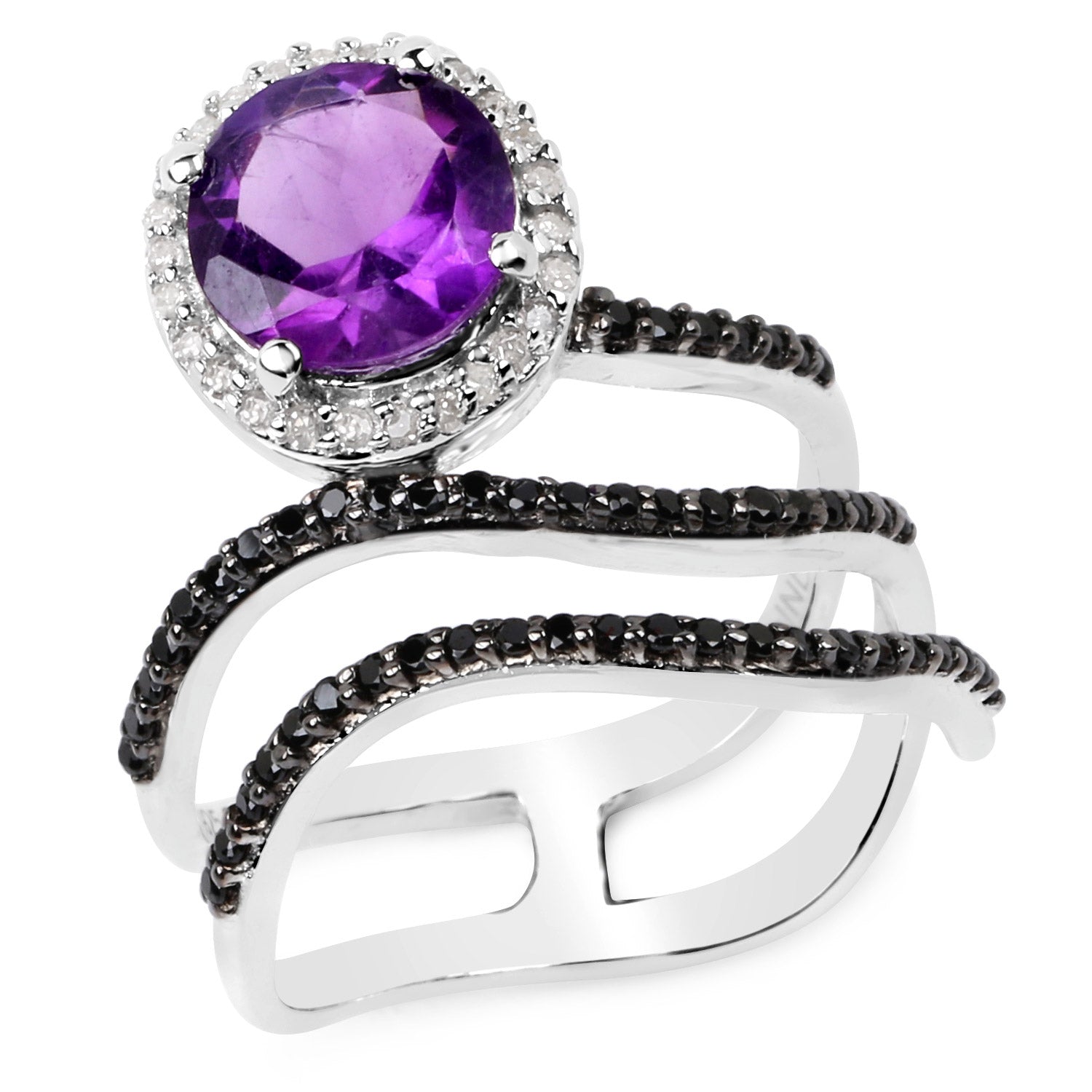 2.31 Carat Genuine Amethyst, Black Spinel and White Diamond .925 Sterling Silver Ring Bids.com