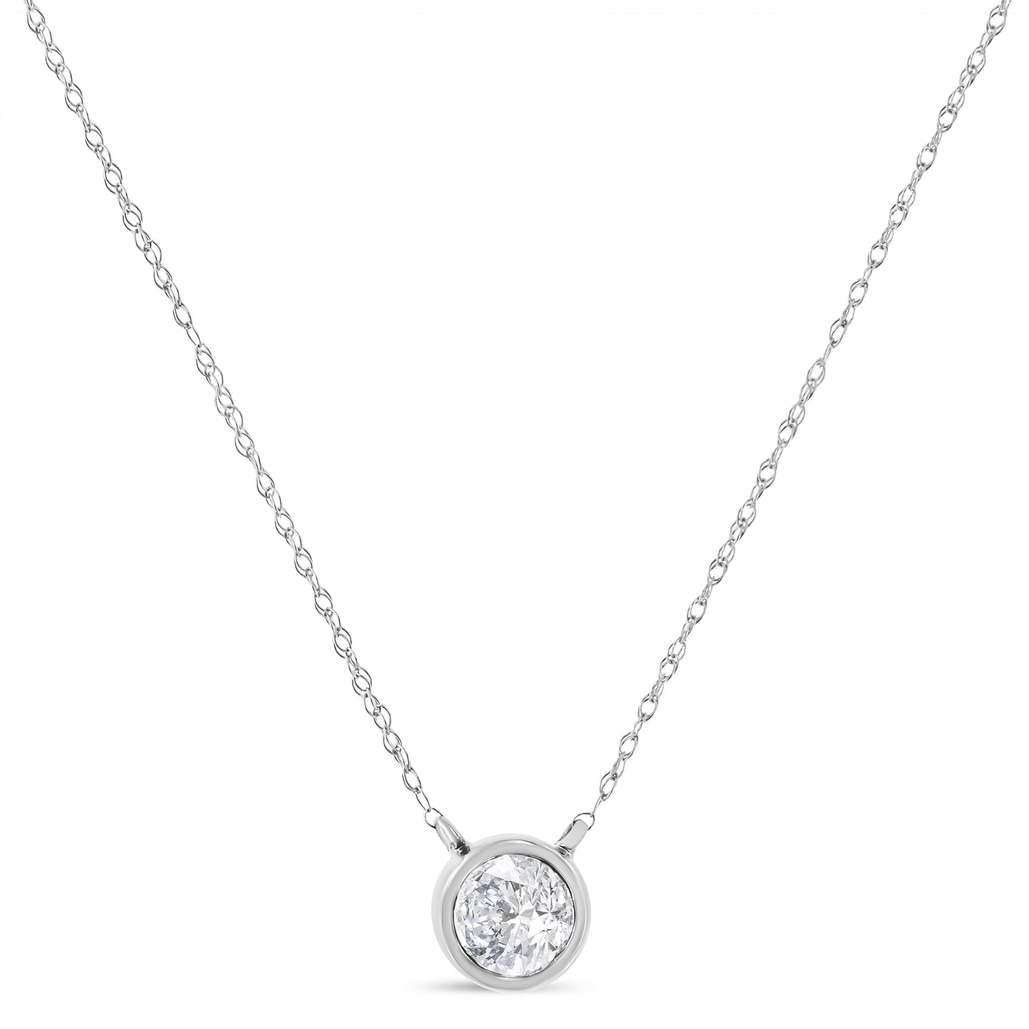 AGS Certified 10K White Gold 1/5 Cttw Bezel Set Round Diamond Solitaire 16-18" Adjustable Pendant Necklace (H-I Color, SI1-SI2 Clarity) Bids.com