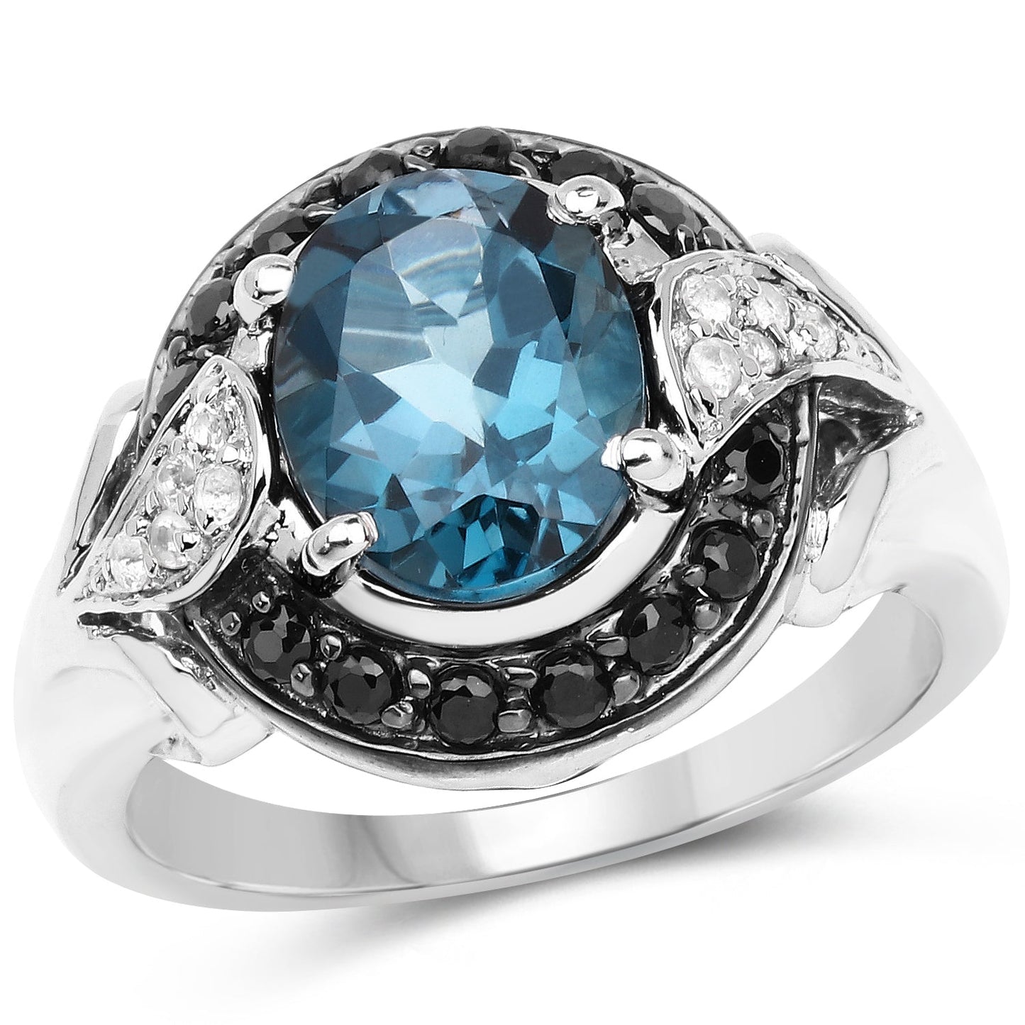 4.27 Carat Genuine London Blue Topaz, Black Spinel & White Topaz .925 Sterling Silver Ring Bids.com