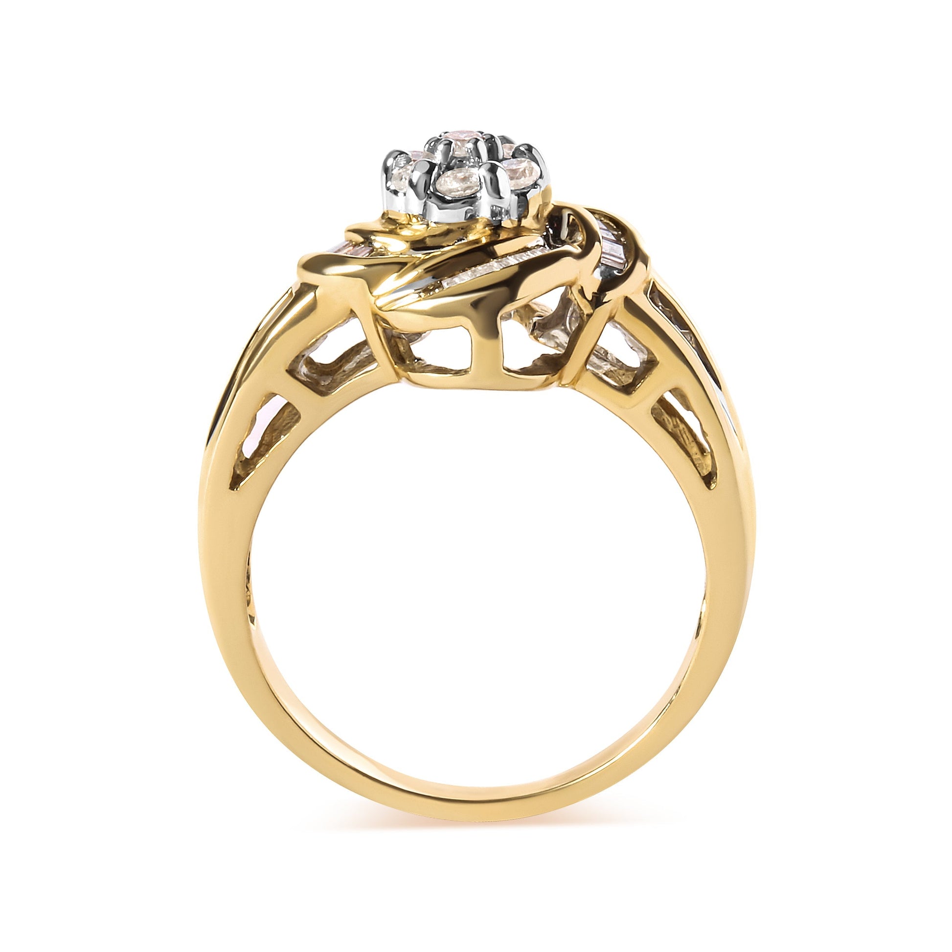 10K Yellow Gold 1/2 Cttw Round and Baguette Diamond Flower Swirl Cocktail Ring (I-J Color, SI2-I1 Clarity) - Ring Size 7 Bids.com