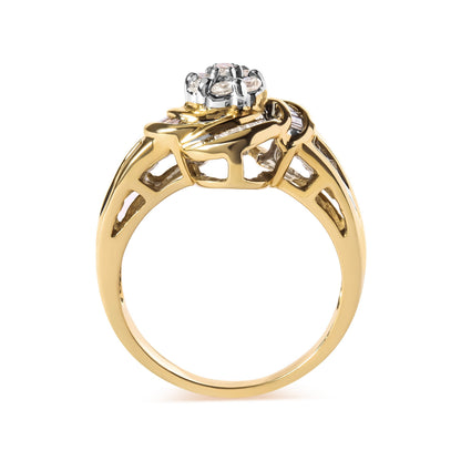 10K Yellow Gold 1/2 Cttw Round and Baguette Diamond Flower Swirl Cocktail Ring (I-J Color, SI2-I1 Clarity) - Ring Size 7 Bids.com