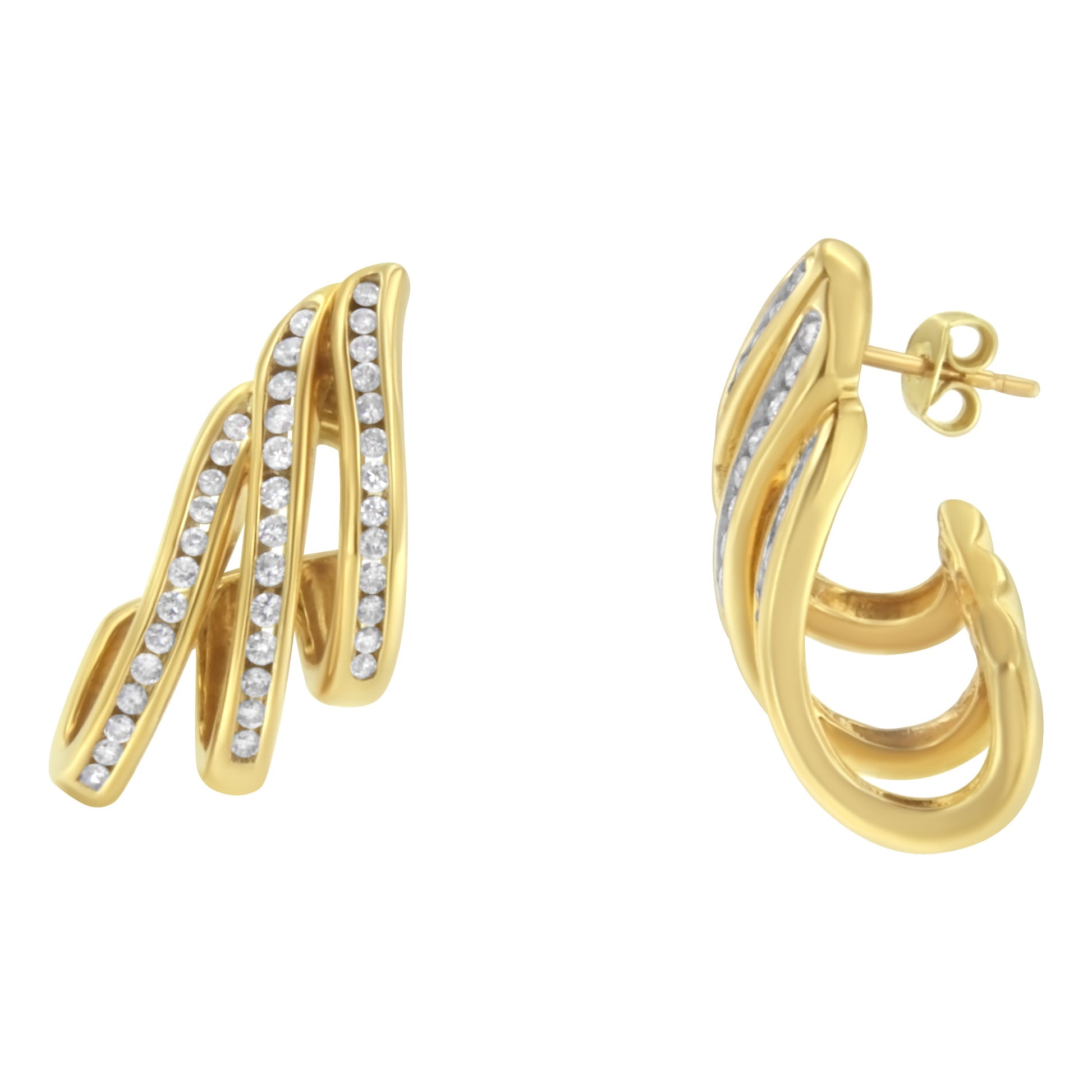 10K Yellow Gold 1.0 Cttw Round Brilliant Cut Diamond Spiral Multi Row Channel Set Open Hoop Pushback Stud Earrings (H-I Color, I1-I2 Clarity) Bids.com