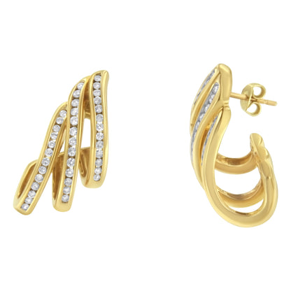 10K Yellow Gold 1.0 Cttw Round Brilliant Cut Diamond Spiral Multi Row Channel Set Open Hoop Pushback Stud Earrings (H-I Color, I1-I2 Clarity) Bids.com