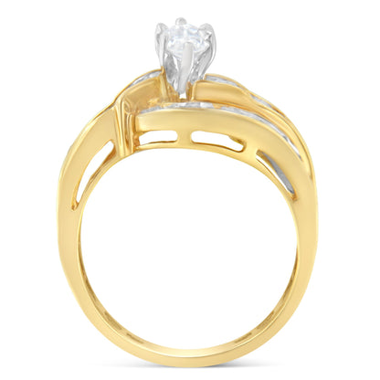 14KT Two-Toned Gold Marquise, Baguette and Round Cut Diamond Bypass Ring (1 cttw, H-I Color, SI1-SI2 Clarity) (Size 7) Bids.com
