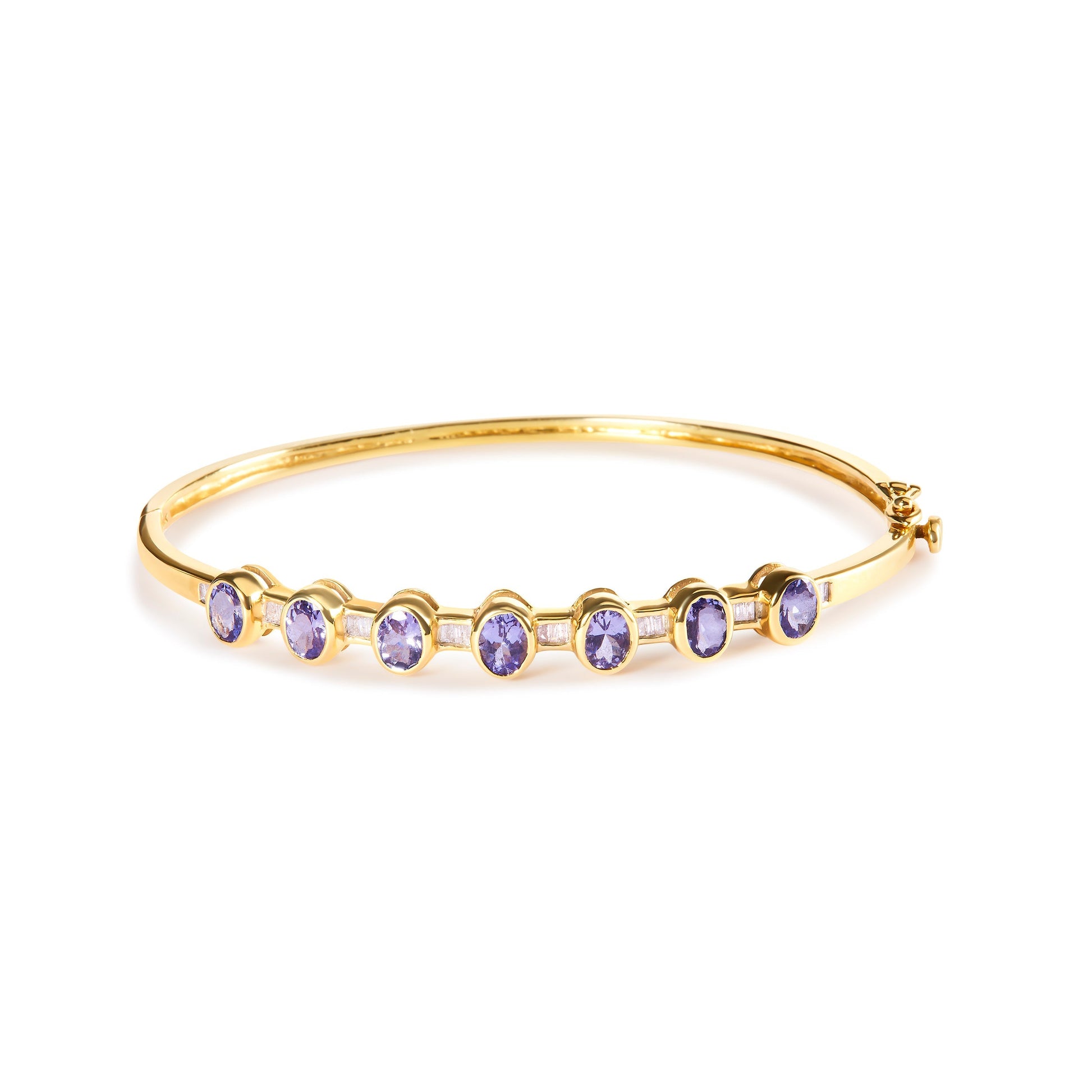 14K Yellow Gold Alternating Bezel Set 5MM Oval Shaped Tanzanite and 1/5 Cttw Diamond Bangle Bracelet (H-I Color, VS2-SI1 Clarity) - Fit's wrists up to 7.25" Inches Bids.com