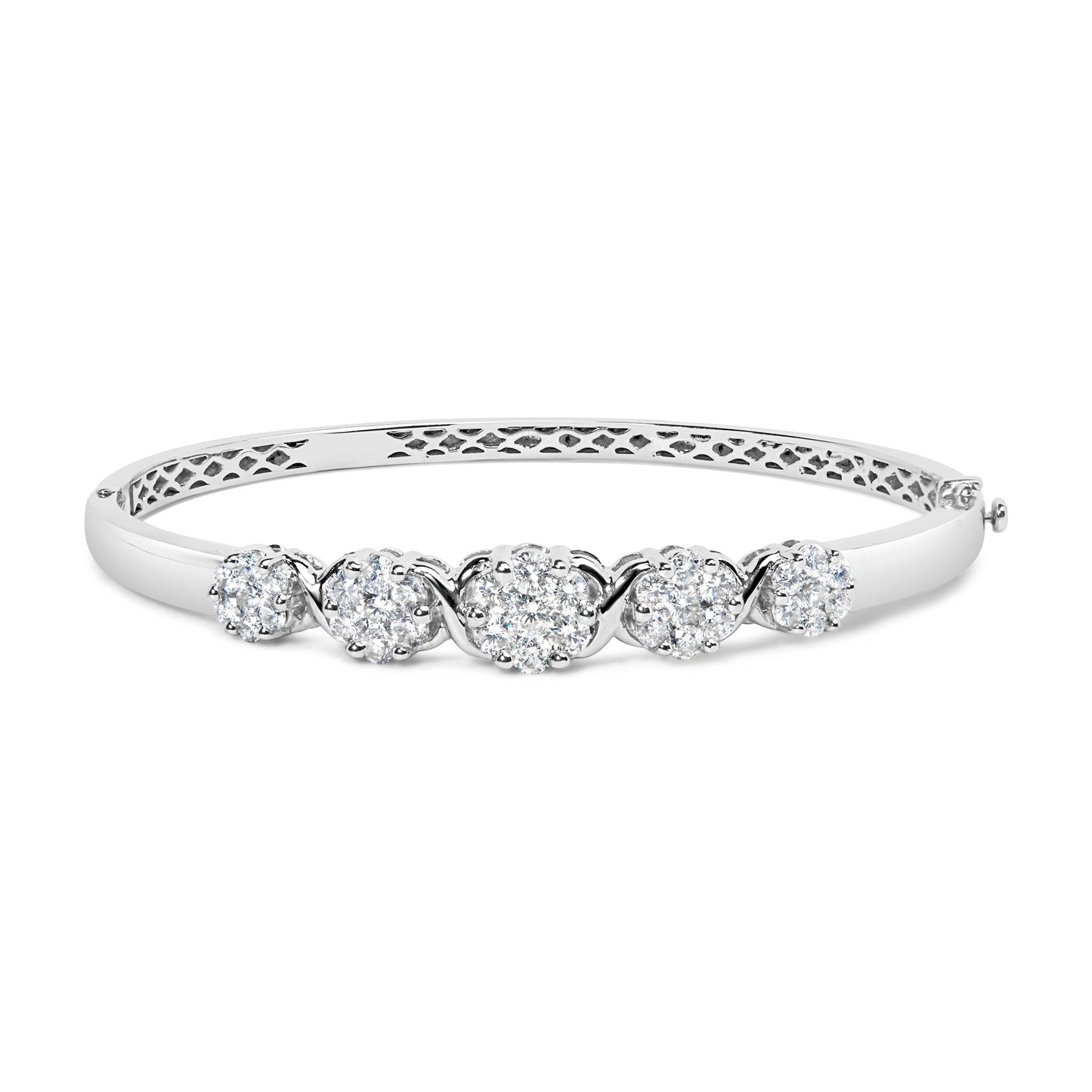 14K White Gold 2 1/2 Cttw Diamond Graduating Floral Cluster Bangle Bracelet (H-I Color, SI1-SI2 Clarity) - Fits Wrists up to 7.25" Bids.com