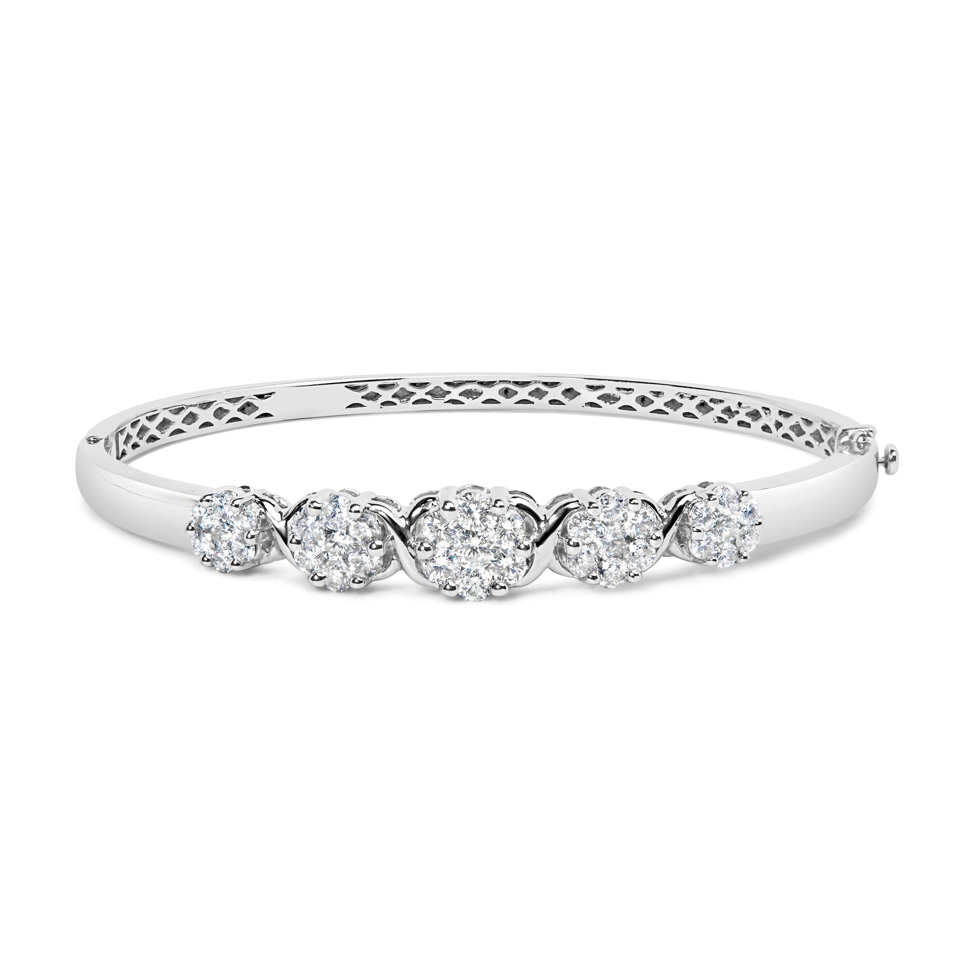 14K White Gold 2 1/2 Cttw Diamond Graduating Floral Cluster Bangle Bracelet (H-I Color, SI1-SI2 Clarity) - Fits Wrists up to 7.25" Bids.com