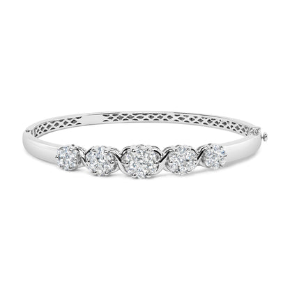 14K White Gold 2 1/2 Cttw Diamond Graduating Floral Cluster Bangle Bracelet (H-I Color, SI1-SI2 Clarity) - Fits Wrists up to 7.25" Bids.com