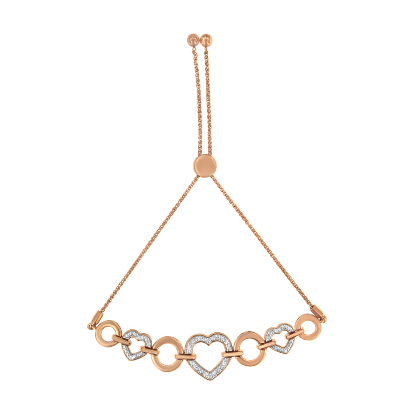 10K Rose Gold over .925 Sterling Silver 1/10 Cttw Round-Cut Diamond Heart Link Adjustable Bolo Bracelet (H-I Color, I2-I3 Clarity) - 6"-9" Adjustable Bids.com