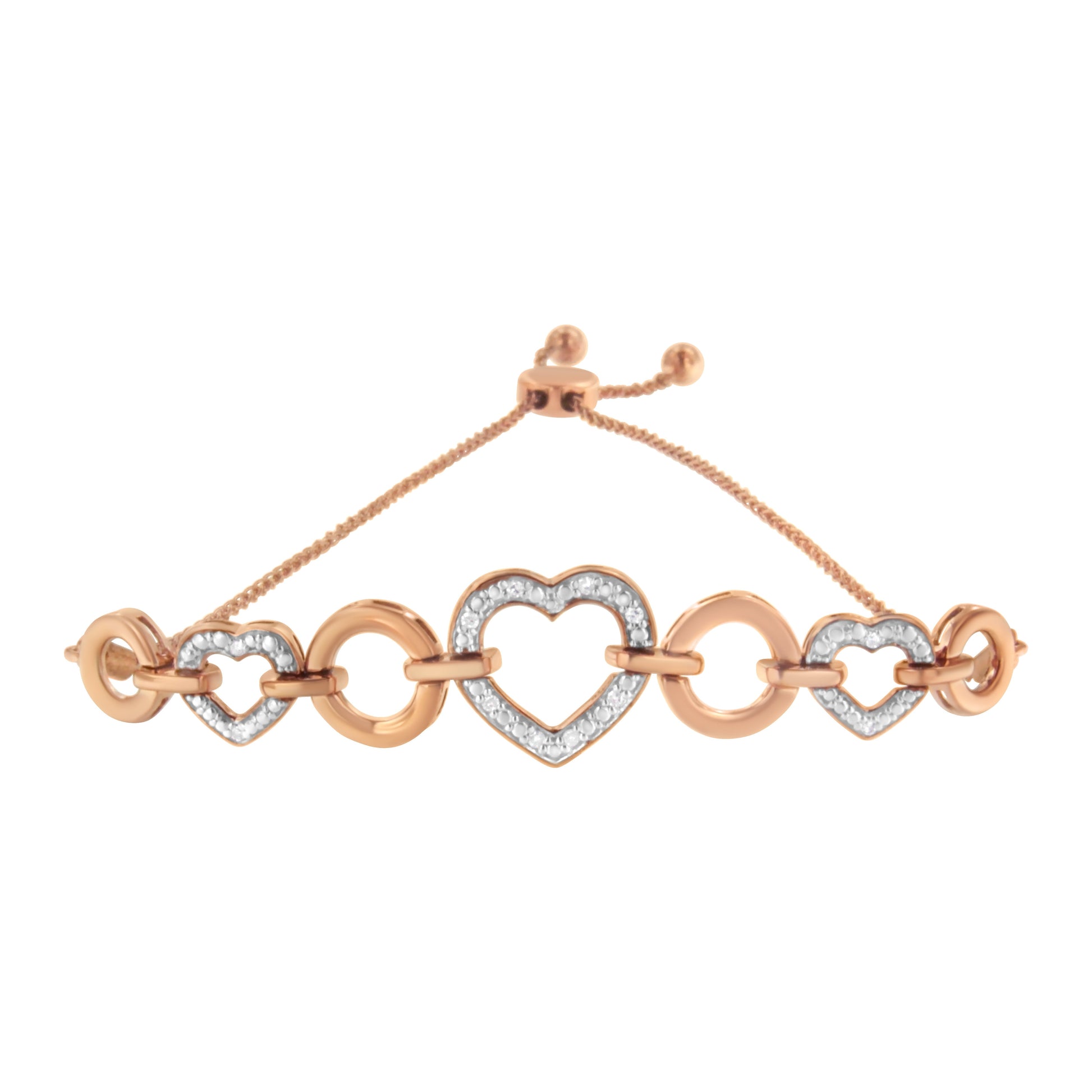 10K Rose Gold over .925 Sterling Silver 1/10 Cttw Round-Cut Diamond Heart Link Adjustable Bolo Bracelet (H-I Color, I2-I3 Clarity) - 6"-9" Adjustable Bids.com