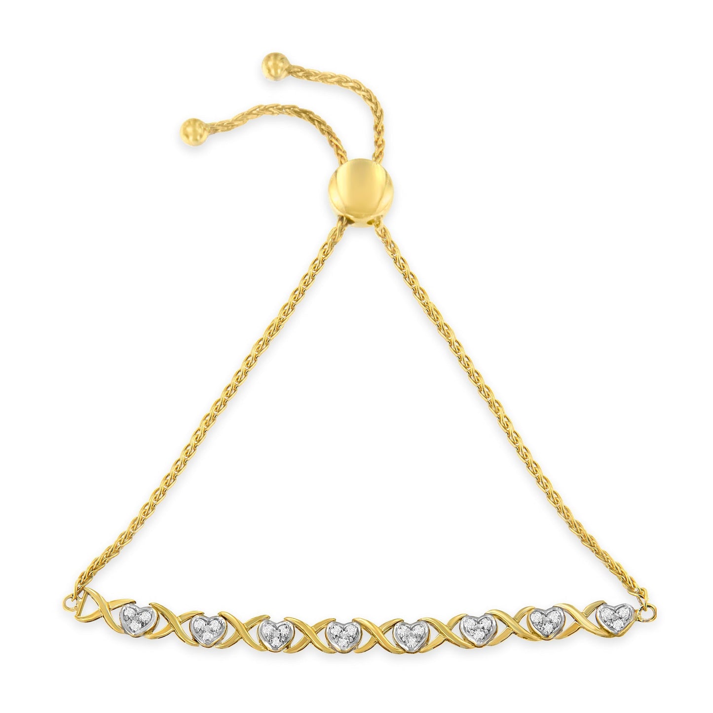 10K Yellow Gold over .925 Sterling Silver 1/10 Cttw Diamond Heart and X-Link 6â€-9â€ Adjustable Bolo Bracelet (H-I Color, I2-I3 Clarity) Bids.com