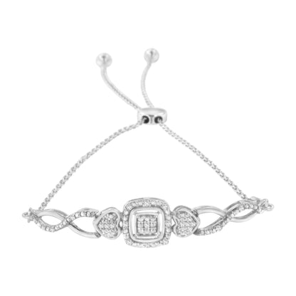 .925 Sterling Silver Diamond Cushion Frame Heart-Sides Twist 4â€-10â€ Adjustable Bolo Tennis Bolo Bracelet (I-J Color, I3 Clarity) Bids.com