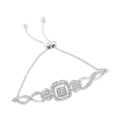 .925 Sterling Silver Diamond Cushion Frame Heart-Sides Twist 4â€-10â€ Adjustable Bolo Tennis Bolo Bracelet (I-J Color, I3 Clarity) Bids.com