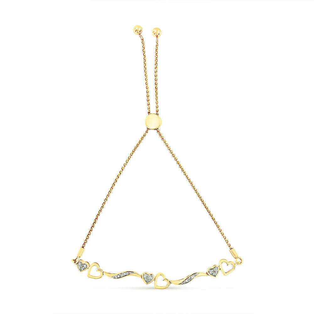 14K Yellow Gold Plated .925 Sterling Silver Diamond Accent Heart and Wave Link Bolo Bracelet (I-J Color, I2-I3 Clarity) - 6" to 9" Adjustable Bids.com