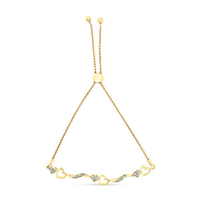14K Yellow Gold Plated .925 Sterling Silver Diamond Accent Heart and Wave Link Bolo Bracelet (I-J Color, I2-I3 Clarity) - 6" to 9" Adjustable Bids.com