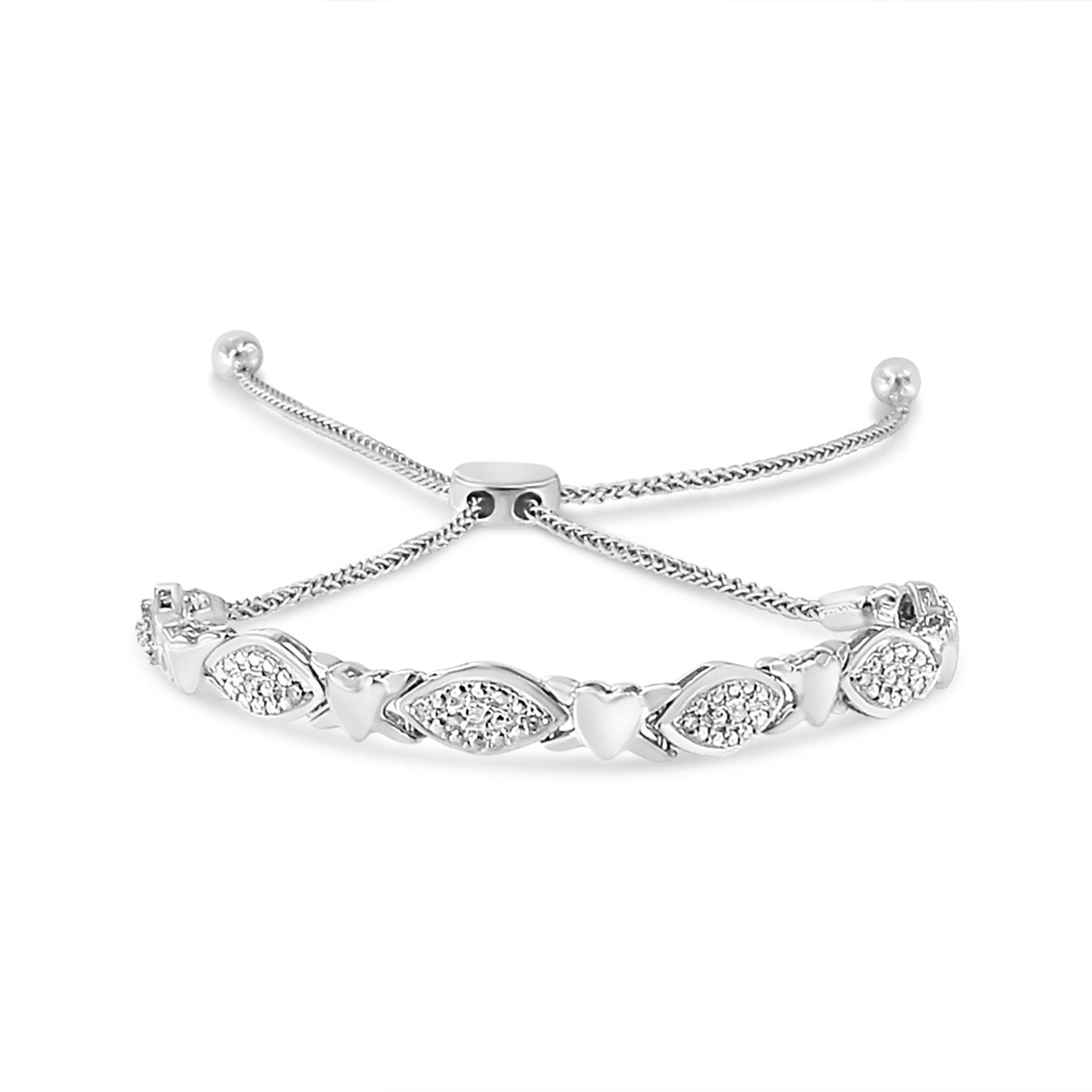 14K Yellow Gold Plated .925 Sterling Silver Diamond Accent Alternating Marquise Shape and Heart Links Bolo Bracelet (I-J Color, I3 Clarity) - Adjustable 6" to 9" Bids.com