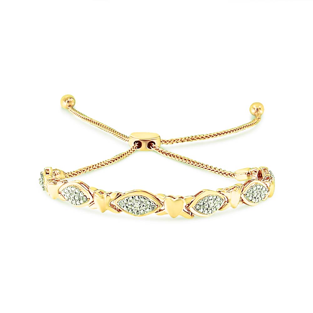 14K Yellow Gold Plated .925 Sterling Silver Diamond Accent Alternating Marquise Shape and Heart Links Bolo Bracelet (I-J Color, I3 Clarity) - Adjustable 6" to 9" Bids.com